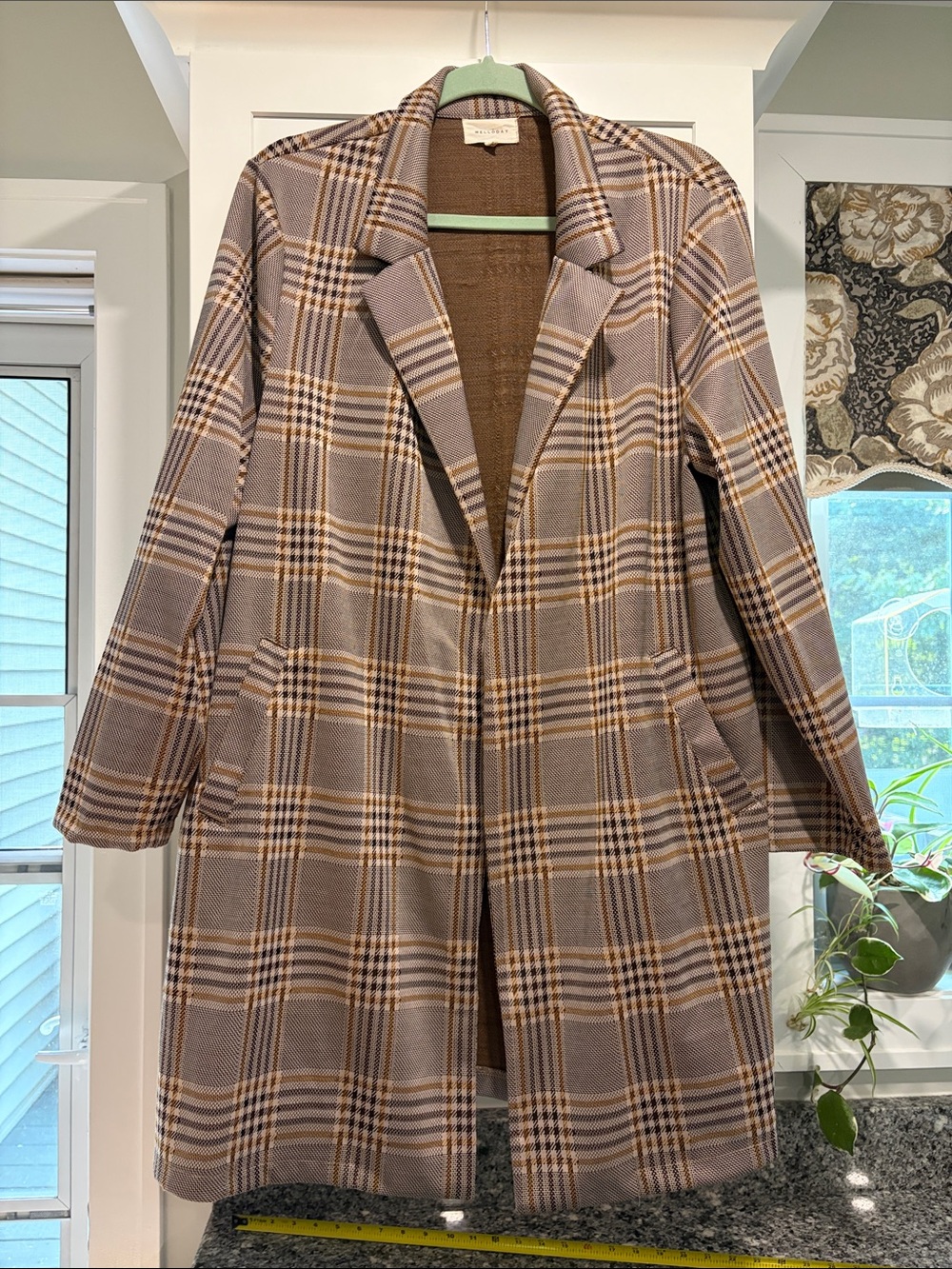 MELLODAY Plaid Longline Coat in Brown and Gray